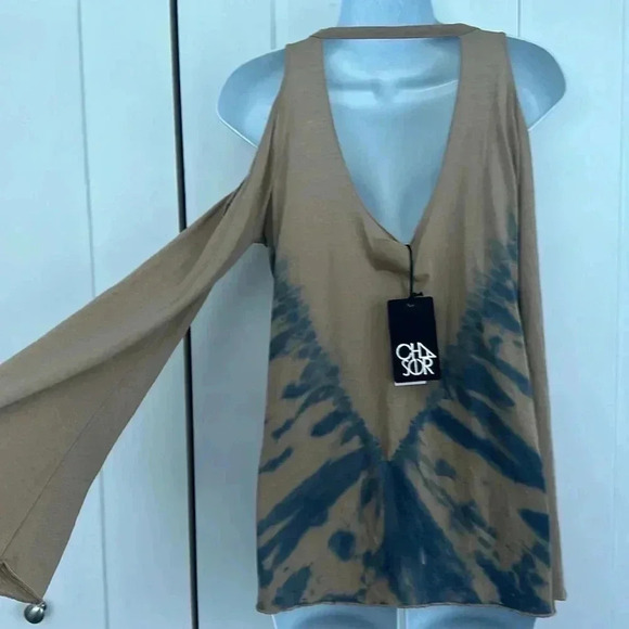 NWT Chaser Cold Shoulder Top Small Tan Blue Cutouts Tie Dye Long Bell Sleeves - Picture 3 of 9